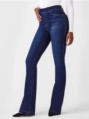 Spanx Pull On Denim Flare Jeans Tummy Control Midnight Shade Medium Petite